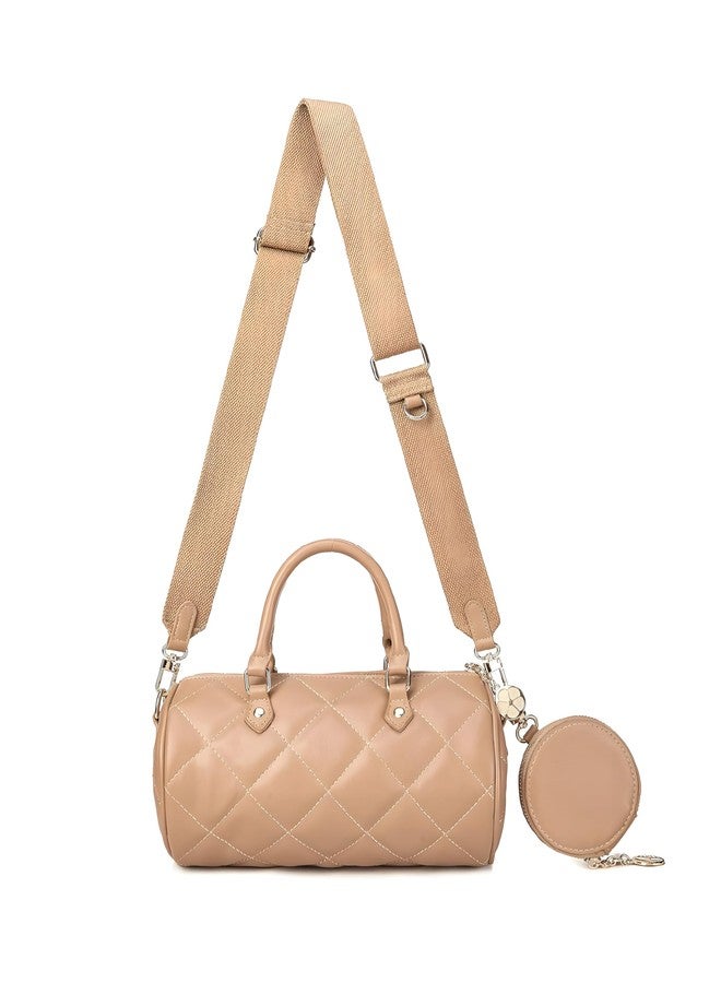 HaveGlam Quilted Barrel Sling Bag with Coin Purse, Adjustable Shoulder Strap, Available in Black, Brown, Beige (Cream) - Image 1